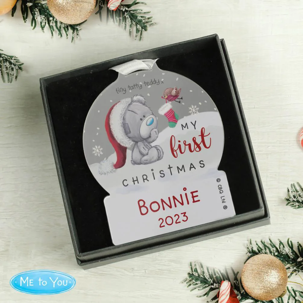 Personalised First Christmas Tiny Tatty Teddy Acrylic Snow Globe Decoration Extra Image 3
